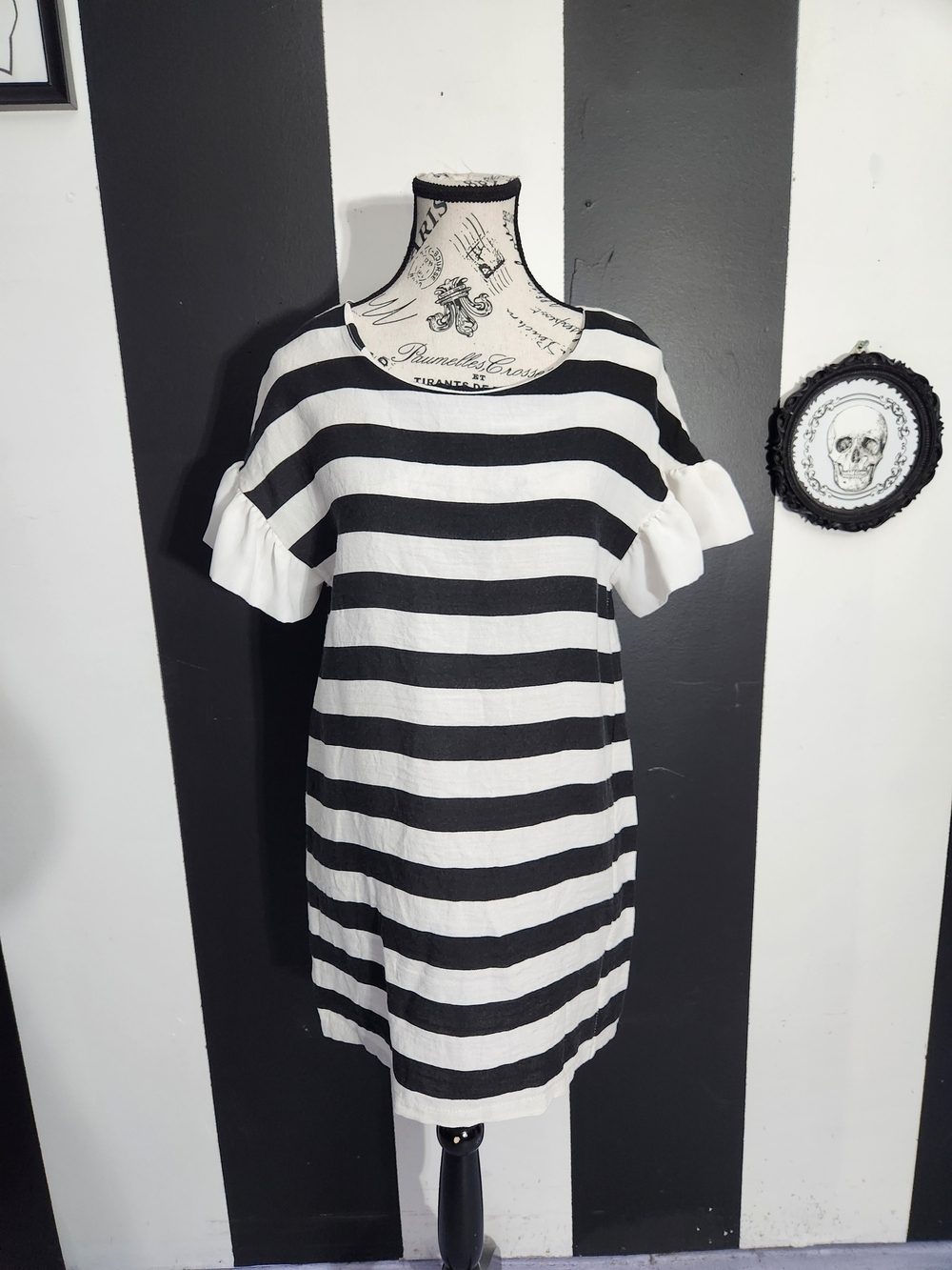 Linen Striped Mini Dress with Ruffle Sleeves